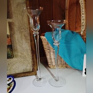 Vintage Pair of Clear Glass, Twisted Stem Taper Candlestick Holders